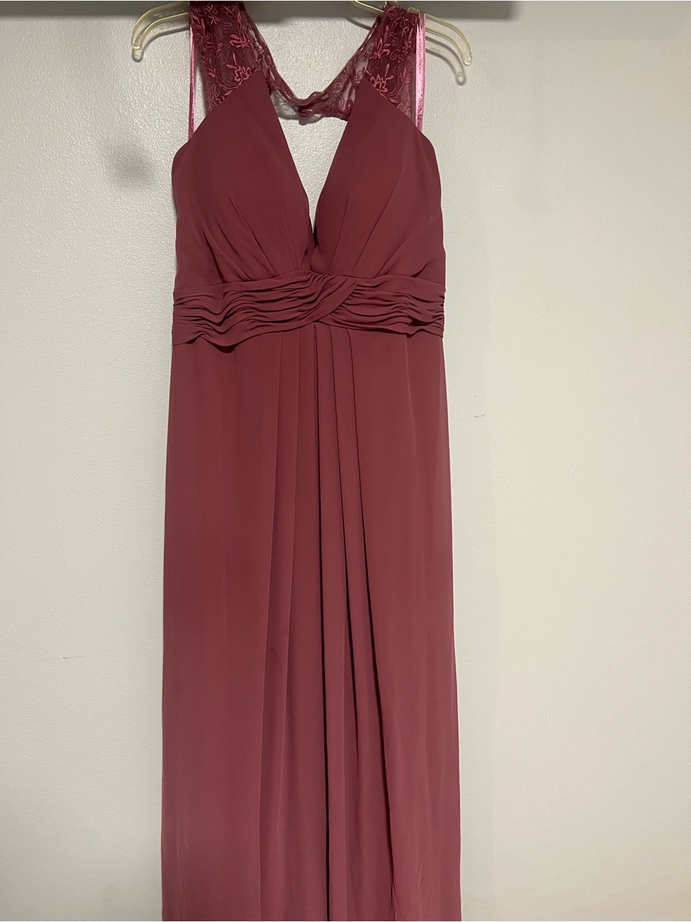 MoriLee Dusty Rose Lace-Back Bridesmaid Dress.